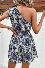 Fashion Printed One Shoulder Tie Waist Rompers - Image 6