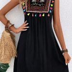 Solid Bohemia Print Patchwork Round Neck Mini Dress