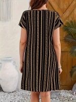 Striped V-neck Dress, Vacation Style Short Sleeve Shift Dress For Spring & Summer, Women's Clothing - Image 4