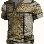 Men's 3D Digital Denim Patchwork Pieces Pattern Print T-shirt With Buttoned Henley Neck And Short Sleeve, Casual And Chic Tops For Summer Outdoors Wear - Image 4