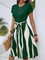 Striped Crew Neck Dress, Elegant Short Sleeve Belted A-line Dress For Spring & Summer, Women's Clothing - Image 7