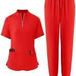 Solid Color Two-piece Scrub Set, Zip Front Short Sleeve Pockets Scrub Top & Drawstring Pants Outfits For Medical & Health Care, Women's Clothing - Image 7