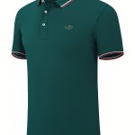 Breathable Embroidered Shirt, Men's Casual Crocodile Pattern Stripe Lapel Button Up Golf Shirt For Summer - Image 16