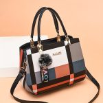Colorblock Handbag For Women, Plaid Pattern Shoulder Bag, Casual Crossbody Purse With Pompom Charms