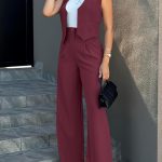 Solid Two-piece Set, Elegant Button Front Vest & Wide Leg Pants Outfits, Women's Clothing - Image 4