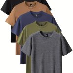 Men's Fashion 5pcs Sports T-shirt, Casual Stretch Round Neck Tee Shirt For Summer