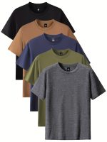 Men's Fashion 5pcs Sports T-shirt, Casual Stretch Round Neck Tee Shirt For Summer