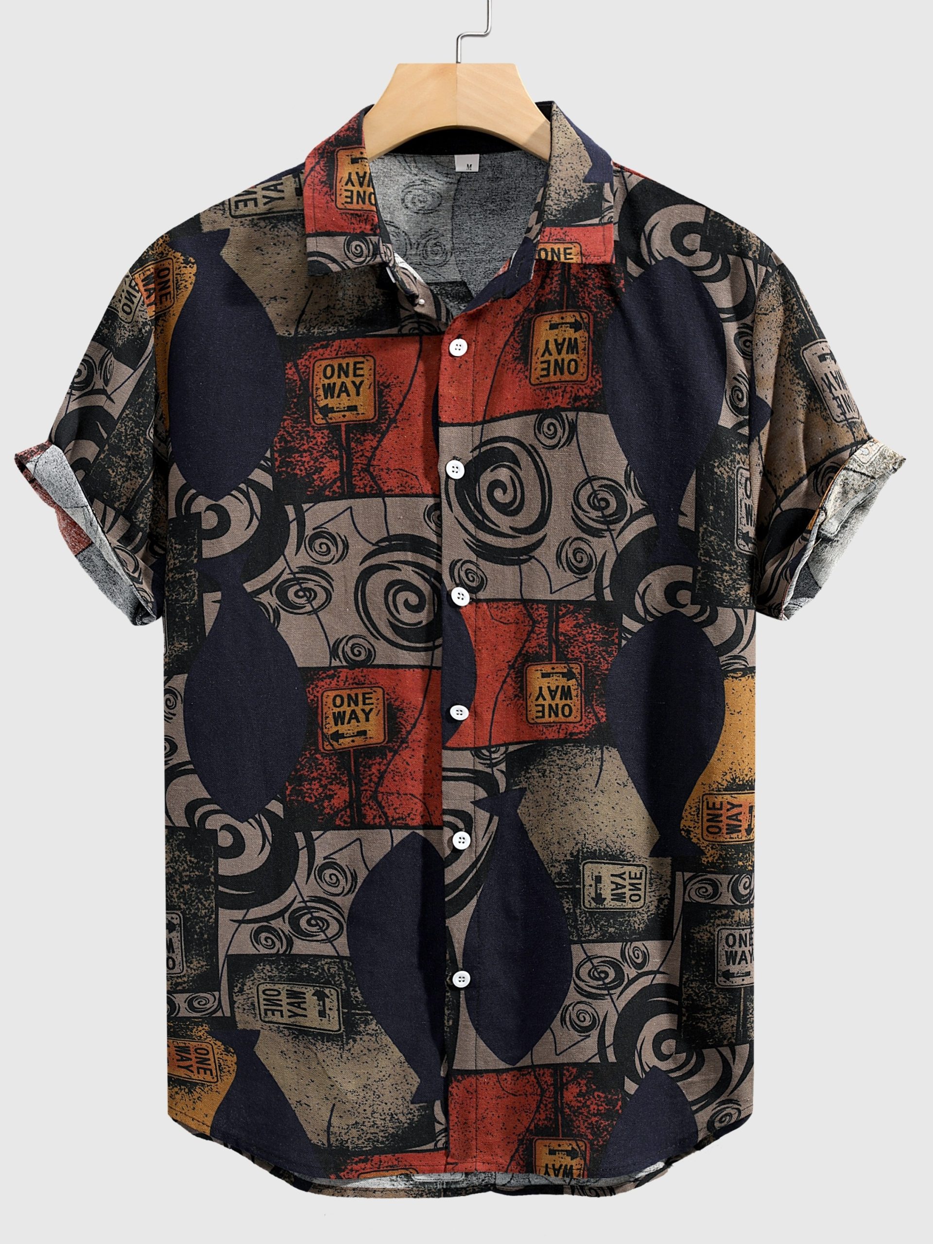 bef2f49d8c48b38282af39bbaf1cf21f-scaled-1.jpg Men's Stylish Loose Cotton Blend Geometric Print Shirt, Casual Breathable Lapel Button Up Short Sleeve Shirt For Summer Outdoor Activities - Image 1