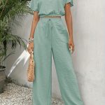 Solid Color Summer & Spring Casual Two-piece Set, Batwing Sleeve Crop Top & Tie Front Pants Outfits, Women's Clothing - Image 5