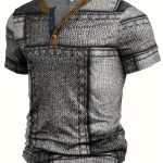 Men's 3D Digital Denim Patchwork Pieces Pattern Print T-shirt With Buttoned Henley Neck And Short Sleeve, Casual And Chic Tops For Summer Outdoors Wear - Image 2