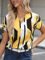 Color Block Graphic Print Blouse, Notched Neck Casual Short Sleeve Blouse, Women's Clothing