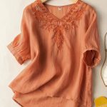 Floral Embroidery V Neck T-shirt, Vintage Half Sleeve Loose T-shirt For Spring & Summer, Women's Clothing - Image 3