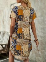 Patchwork Print Curvy Hem Dress, Vacation Short Sleeve Notched Neck Dress, Women's Clothing - Image 4