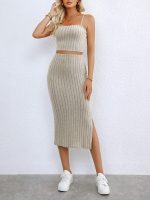 Ribbed Knit Two-piece Skirt Set, Crop Cami Top & Split Hem Skirt Outfits, Women's Clothing - Image 10