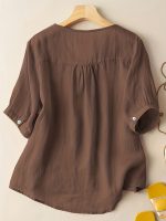 Floral Embroidery V Neck T-shirt, Vintage Half Sleeve Loose T-shirt For Spring & Summer, Women's Clothing - Image 6