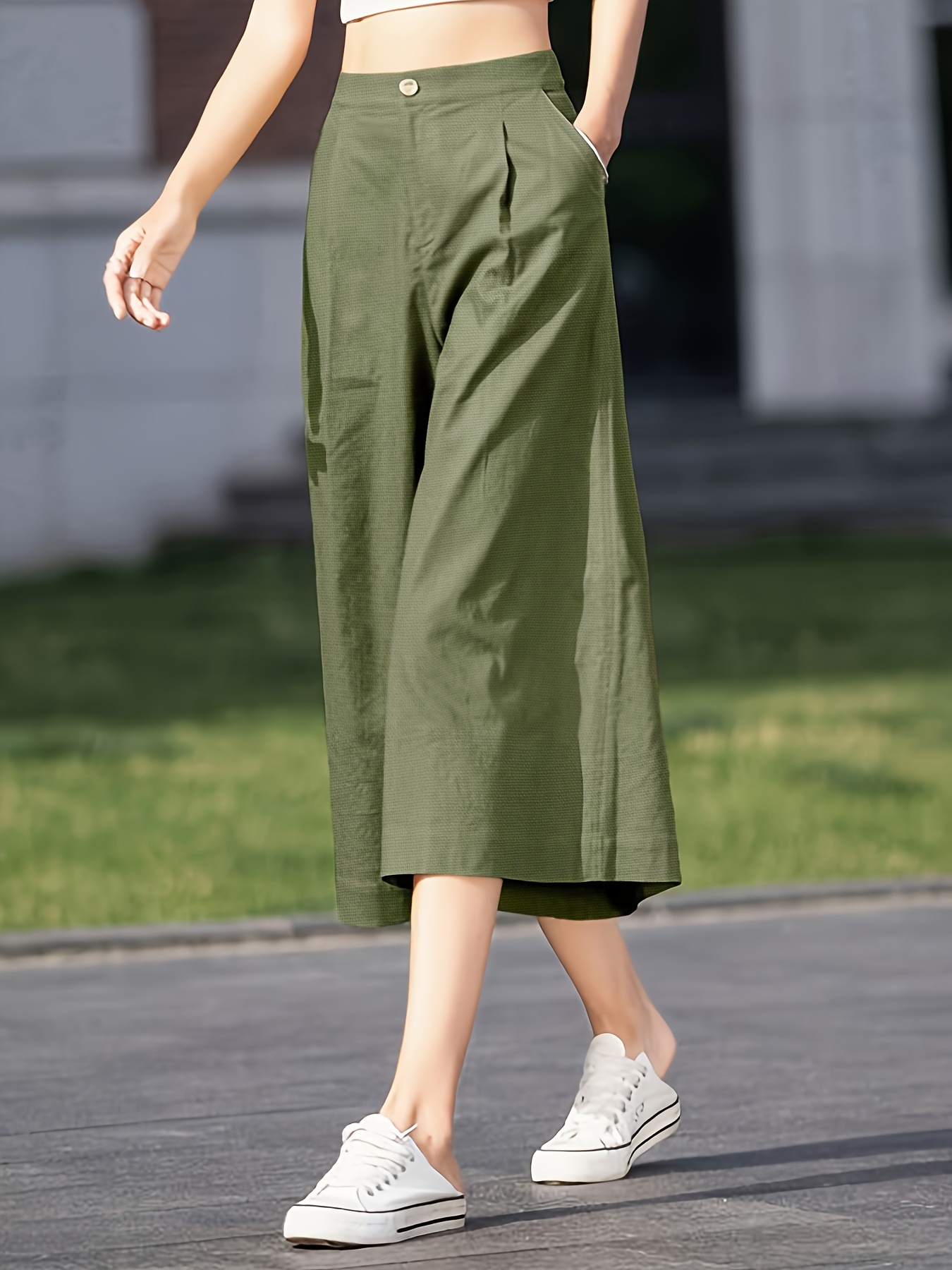 c20e6052-d426-4120-a1ea-5c27e5ecdcff.jpg Solid Color Wide Leg Capris Pants, Casual Loose Pants For Spring & Summer, Women's Clothing - Image 1