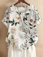 Floral Print Crew Neck T-Shirt, Casual Short Sleeve T-Shirt For Spring & Summer, Women's Clothing