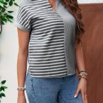 Striped Print Notched Neck Blouse, Casual Short Sleeve Blouse For Spring & Summer, Women's Clothing - Image 4