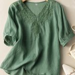 Floral Embroidery V Neck T-shirt, Vintage Half Sleeve Loose T-shirt For Spring & Summer, Women's Clothing - Image 5