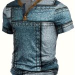 Men's 3D Digital Denim Patchwork Pieces Pattern Print T-shirt With Buttoned Henley Neck And Short Sleeve, Casual And Chic Tops For Summer Outdoors Wear - Image 3