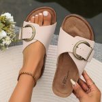 Women's Buckle Strap Design Cork Slides, Stylish Open Toe Flat Summer Shoes, Comfy Outdoor Slide Sandals - Image 2