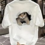 Cat Print Crew Neck T-shirt, Short Sleeve Casual Top For Spring & Summer, Women's Clothing