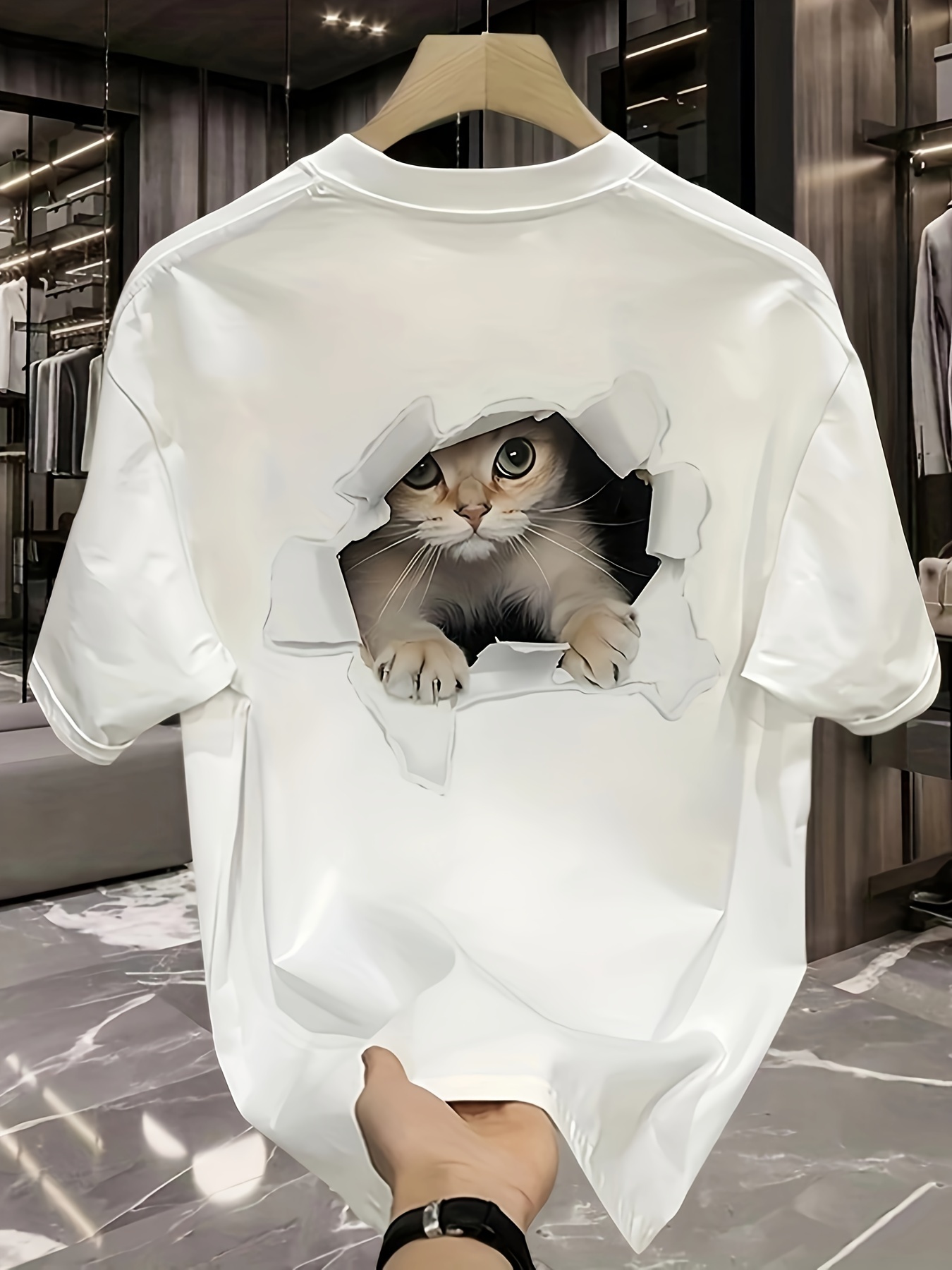 c5f6d01d-101e-4f60-b9b2-423113dbe266.jpg Cat Print Crew Neck T-shirt, Short Sleeve Casual Top For Spring & Summer, Women's Clothing - Image 1