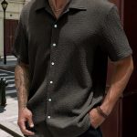 Men's Casual Short Sleeve Black Shirt, Solid Textured Button-Up Classic Lapel Shirt, Summer Fashion Hawaiian Shirt - Image 3