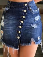 Ripped Asymmetric Single-breasted Raw Hem Denim Skirt, Medium Stretch Whiskering Distressed Denim Skirt, Women's Denim Jeans & Clothing