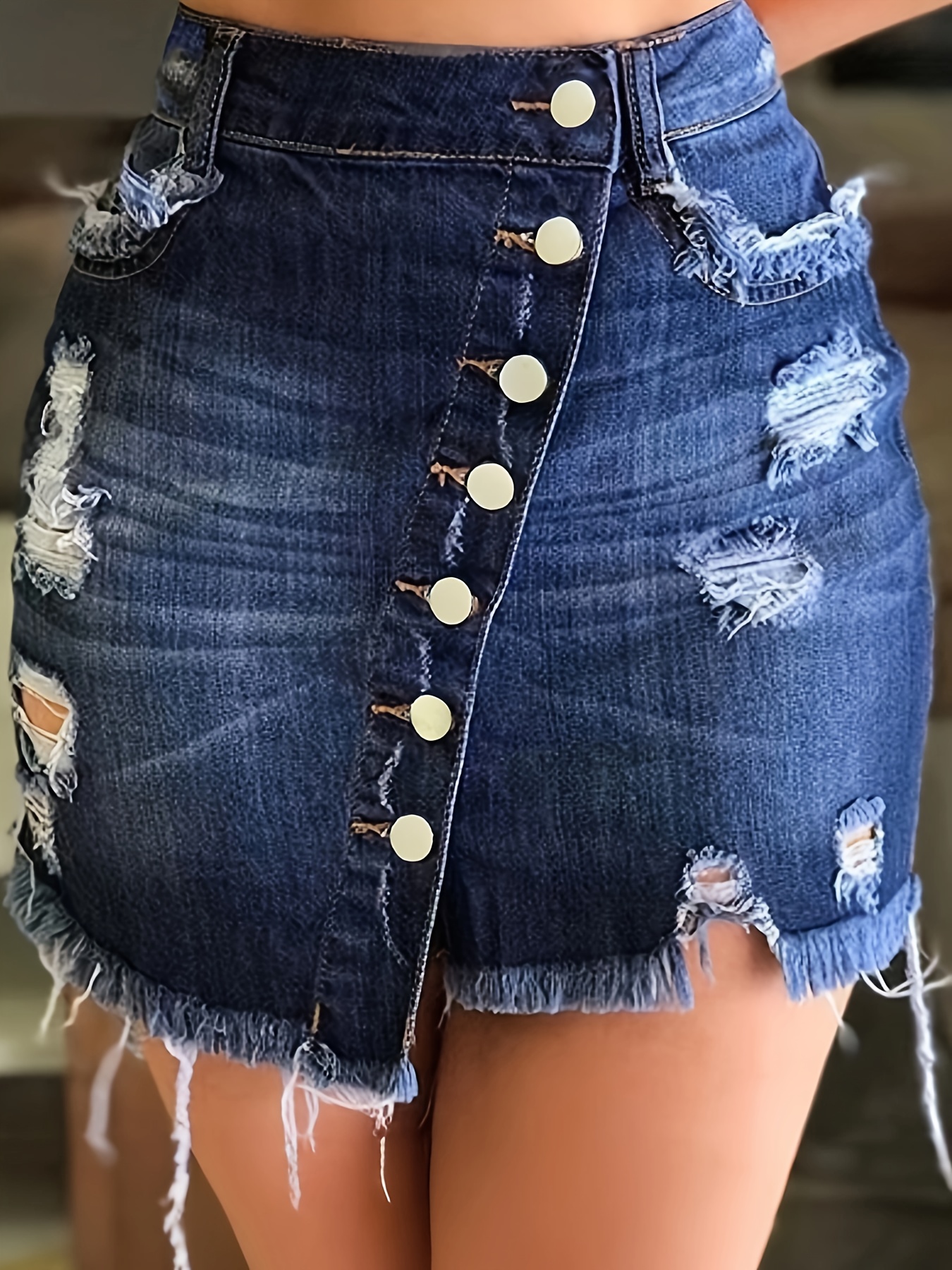 c6d5d27e-5258-4add-b9bd-c5764163a1f6.jpg Ripped Asymmetric Single-breasted Raw Hem Denim Skirt, Medium Stretch Whiskering Distressed Denim Skirt, Women's Denim Jeans & Clothing - Image 1