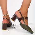 Women's Pointed Toe Block High Heel Sandals, Fashion Solid Color Slingback Shoes, Versatile Mid Heels - Image 14