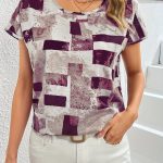 Geometric Print Blouse, Casual Crew Neck Short Sleeve Summer Blouse, Women's Clothing - Image 5