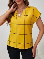 Plaid Print Notched Neck Blouse, Casual Short Sleeve Blouse For Spring & Summer, Women's Clothing - Image 6