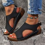 Women's Solid Color Wedge Heeled Sandals, Casual Open Toe Platform Shoes, Comfortable Ankle Strap Sandals - Image 2