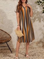 Stripe Print Short Sleeve Dress, Casual Notch Neck Loose Dress For Spring & Summer, Women's Clothing - Image 8