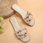 Women's Metallic Buckle Decor Slides, Fashionable Square Open Toe Summer Shoes, Casual Beach Flat Slides - Image 7