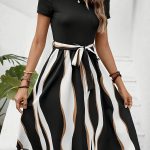 Striped Crew Neck Dress, Elegant Short Sleeve Belted A-line Dress For Spring & Summer, Women's Clothing - Image 2