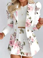 Floral Print Two-piece Suit Set, Elegant Double Breasted Blazer & Bodycon Skirt Outfits, Women's Clothing