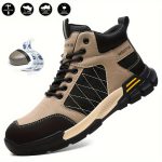 Men's High Top Steel Toe Puncture Proof Anti-skid Work Safety Boots, Lace Up Durable Industrial Construction Shoes