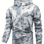Geometric Pattern Design Men's Color Blocked Zip Up Hooded Indbreaker, Suitable For Outdoor Hiking, Camping And Travel In All Seasons - Image 3