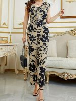 Floral Print Straight Leg Jumpsuit, Boho Ruffle Sleeve Jumpsuit For Spring & Summer, Women's Clothing