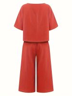 Solid Two-piece Set, Crew Neck Casual T-Shirt & Wide Leg Pants, Women's Clothing - Image 9