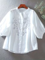 Floral Pattern Simple Blouse, Elegant Button Front Stand Collar Blouse, Women's Clothing - Image 5