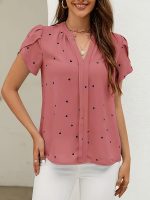 Heart Print V Neck Blouse, Casual Petal Sleeve Blouse For Spring & Summer, Women's Clothing - Image 7
