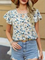 Floral Print Keyhole Blouse, Ruffle Layered Casual Blouse, Women's Clothing - Image 7