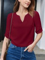 Solid Color Notched Neck Blouse, Elegant Half Sleeve Blouse For Spring & Fall, Women's Clothing - Image 5
