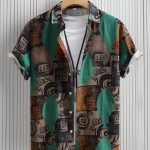 Men's Stylish Loose Cotton Blend Geometric Print Shirt, Casual Breathable Lapel Button Up Short Sleeve Shirt For Summer Outdoor Activities - Image 4