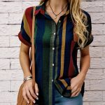 Striped Print Button Front Blouse, Vintage Short Sleeve Blouse For Spring & Summer, Women's Clothing