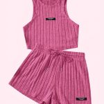 Ribbed Casual Two-piece Set, Crew Neck Sleeveless Tank Top & Drawstring Shorts Outfits, Women's Clothing