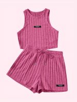 Ribbed Casual Two-piece Set, Crew Neck Sleeveless Tank Top & Drawstring Shorts Outfits, Women's Clothing